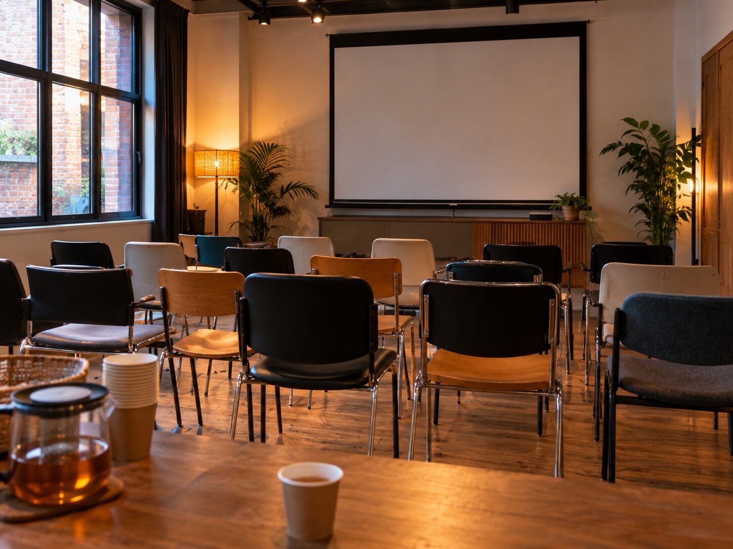 Small meeting room with rows of chairs and a projector screen